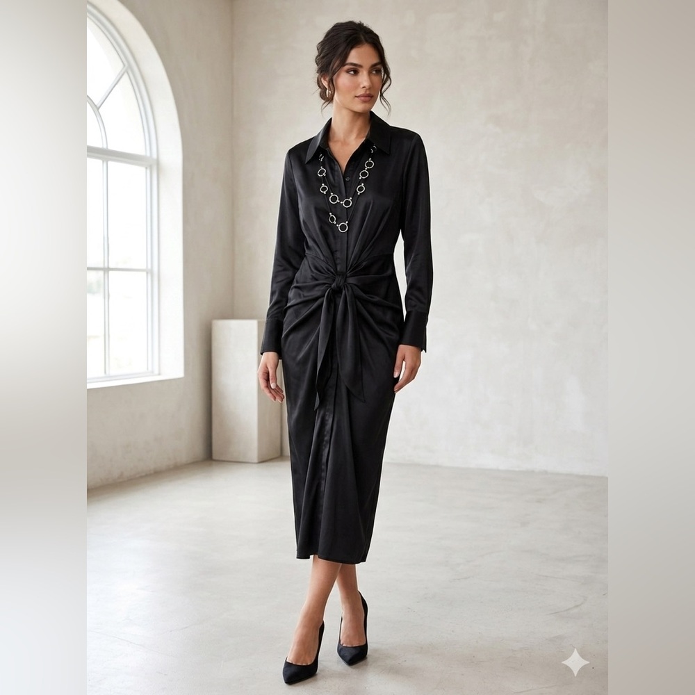 NWT Elan Sleek Black Satin Shirt Wrap Button Down Maxi Dress